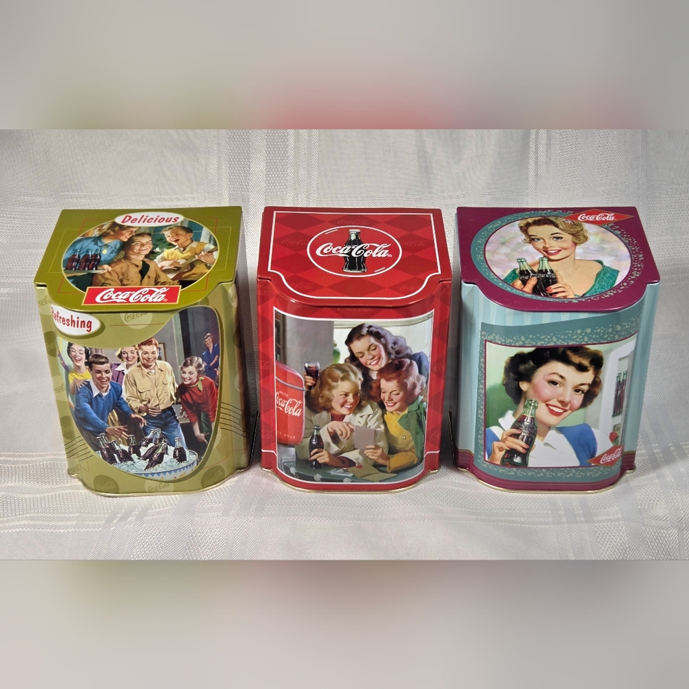 Lot Of 3 Vintage 5.5 in Coca Cola Sloped Metal Collectible Tin with Hinged Lid